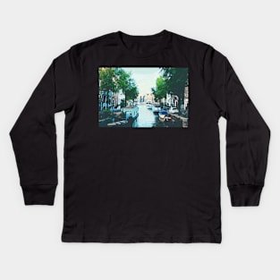 Amsterdam canal boats watercolor art painting Kids Long Sleeve T-Shirt